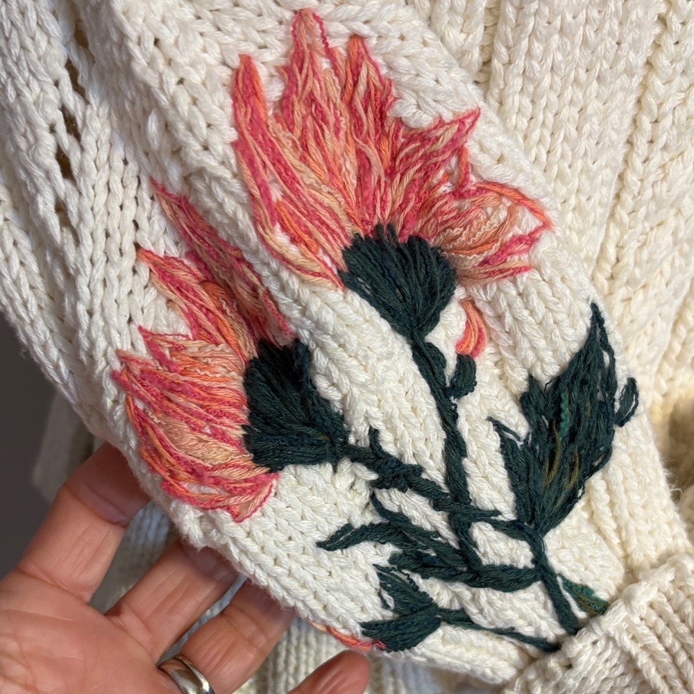 Pilcro Cream V-Neck Sweater with Pink Floral Embroidery - Picture 3 of 7